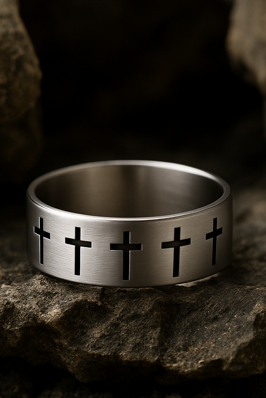 B- Silver Carved Cross Ring